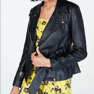 Michael Kors Belted Faux Leather Moto  Jacket